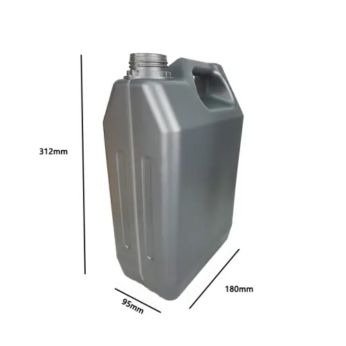 Gray 5 liter HDPE engine oil container showing product dimensions for lubricant packaging applications.