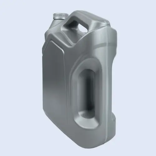 Rear angled view of a gray 5 liter HDPE lubricant bottle with ergonomic double-handle design.