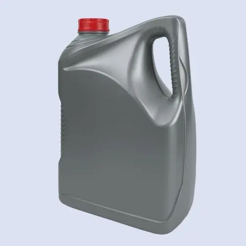 Gray 5 liter HDPE motor oil bottle with ergonomic handle for automotive lubricant packaging.