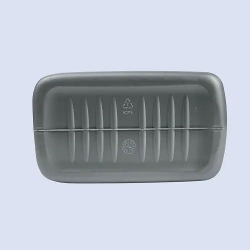 Bottom view of a gray 5 liter HDPE oil bottle with reinforced base for secure storage.