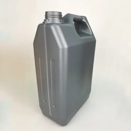 Angled view of a gray 5 liter HDPE lubricant bottle with ergonomic carry handle.