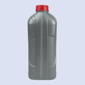 gray 5 liter lubricant bottle front Front view of a gray 5 liter HDPE lubricant bottle with molded grip and level markings.