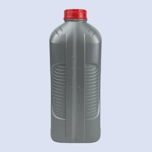Front view of a gray 5 liter HDPE lubricant bottle with molded grip and level markings.