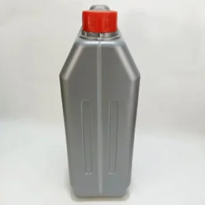 gray 5 liter motor oil bottle side view Side view of a gray 5 liter HDPE motor oil bottle with secure screw cap and durable construction.
