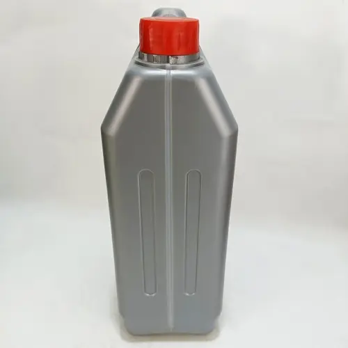 Side view of a gray 5 liter HDPE motor oil bottle with secure screw cap and durable construction.
