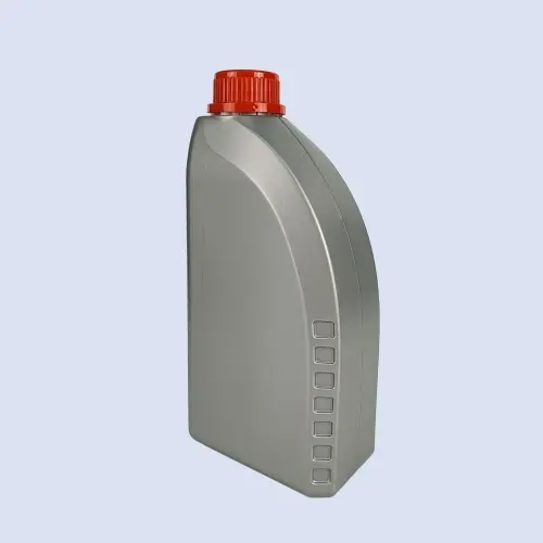 Angled view of gray HDPE lubricant bottle for motor oil packaging