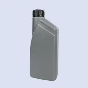 Front angled view of gray 1 liter HDPE engine oil bottle with black screw cap and streamlined shoulder design
