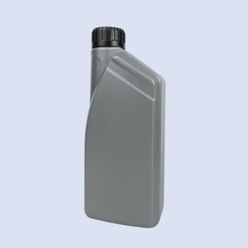 Front angled view of gray 1 liter HDPE engine oil bottle with black screw cap and streamlined shoulder design