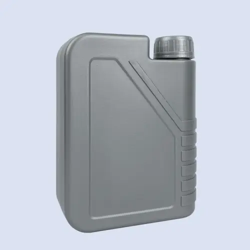 Angled perspective of gray HDPE engine oil container with ribbed grip section and recessed label panel