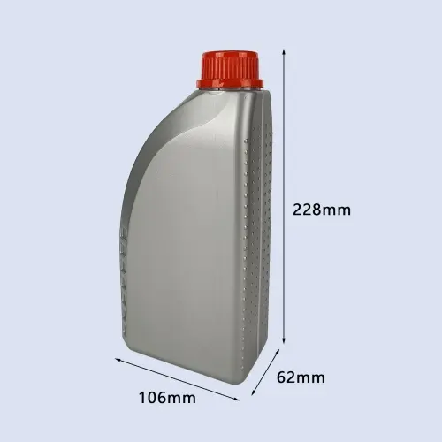 Dimensions of 1 liter gray HDPE engine oil bottle with 228mm height and 106mm width