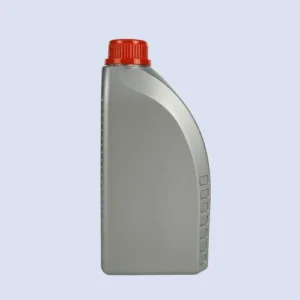 Front view of 1 liter gray HDPE engine oil bottle with aluminum foil induction seal