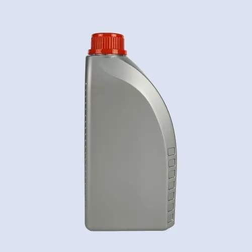 Front view of 1 liter gray HDPE engine oil bottle with aluminum foil induction seal