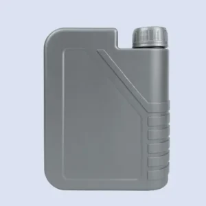 Front view of gray HDPE motor oil bottle featuring integrated grip ribs and offset neck design
