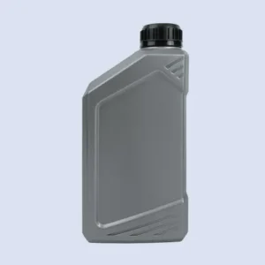 Front view of gray HDPE motor oil packaging bottle with liquid level line