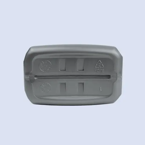 Bottom view of gray HDPE lubricant bottle showing molded base details and recycling symbol