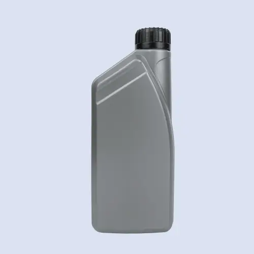 Front view of gray HDPE motor oil bottle with slanted shoulder styling and black closure cap