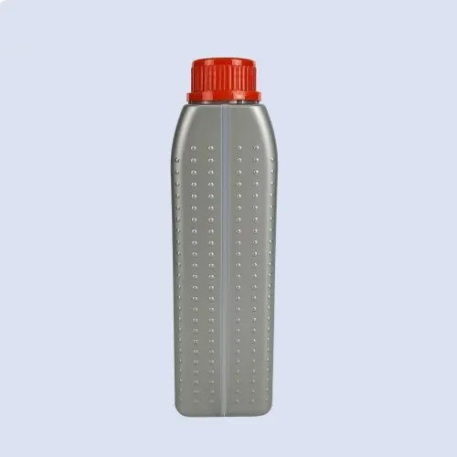 Side view of 1 liter gray HDPE engine oil bottle with textured measurement line area