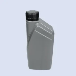 gray-motor-oil-container-perspective Perspective view of gray motor oil packaging bottle featuring curved side profile and recessed label area