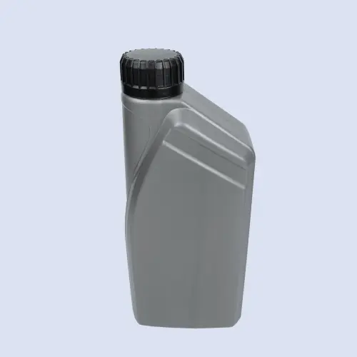 Perspective view of gray motor oil packaging bottle featuring curved side profile and recessed label area