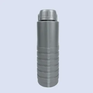 gray-oil-bottle-measurement-side Side view of gray 1 liter HDPE engine oil bottle with transparent cap and molded measurement markings