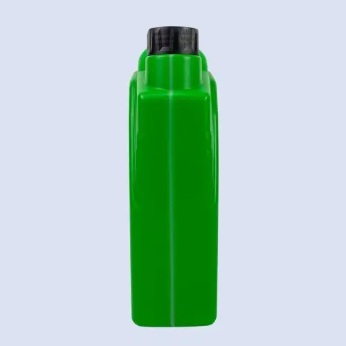 Side view of a green 2.5 liter HDPE lubricant bottle designed for engine oil and coolant packaging.