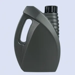 Angled front view of grey 1.5 liter engine oil container with built in handle for easy pouring.