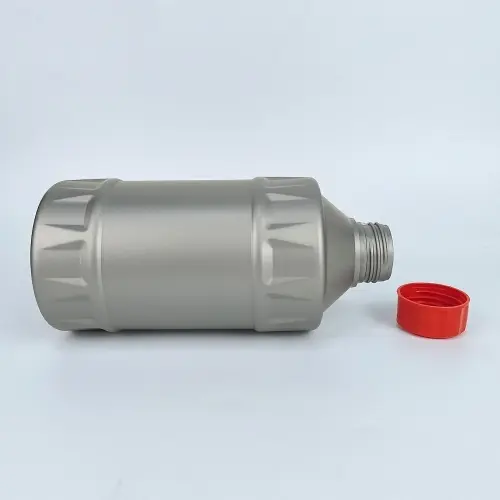 Gray 1 liter motor oil bottle positioned horizontally with cap removed to show threaded neck