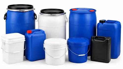 Heavy duty plastic drums, buckets, and jerry cans for chemical storage, industrial packaging, liquid transportation, and bulk applications.