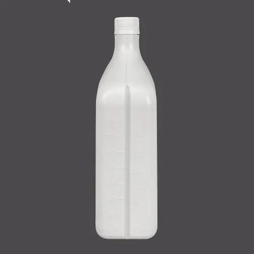 Side view of HDPE oil bottle with volume measurement markings