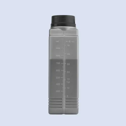 Front view of 1 liter lube oil bottle showing molded measurement markings and liquid level line