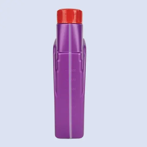 Side view of purple lubricant bottle featuring molded liquid level measurement markings