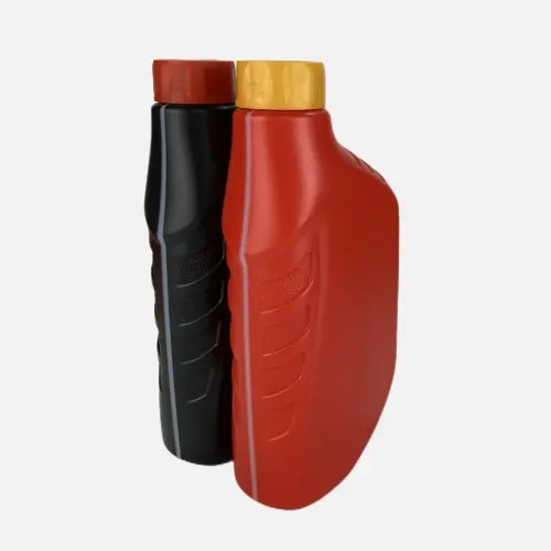 Angled view of 1 liter HDPE lubricant oil bottles with ergonomic grip design