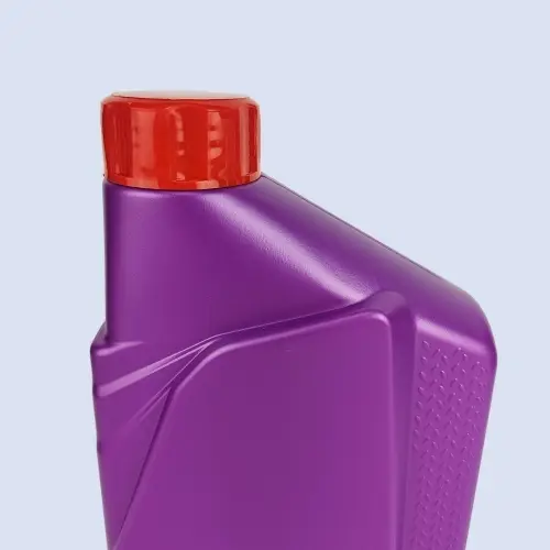 Close-up of purple motor oil packaging bottle neck and red closure cap