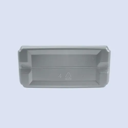 Bottom view of plastic motor oil container showing reinforced rectangular base design