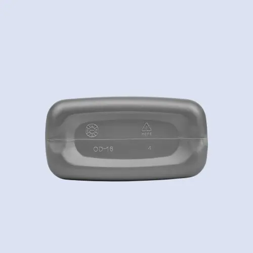 Bottom view of HDPE engine oil container showing molded base and recycling mark