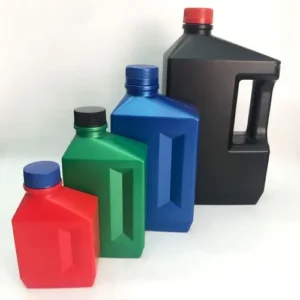 HDPE engine oil bottle collection in multiple sizes and colors for automotive lubricant packaging.