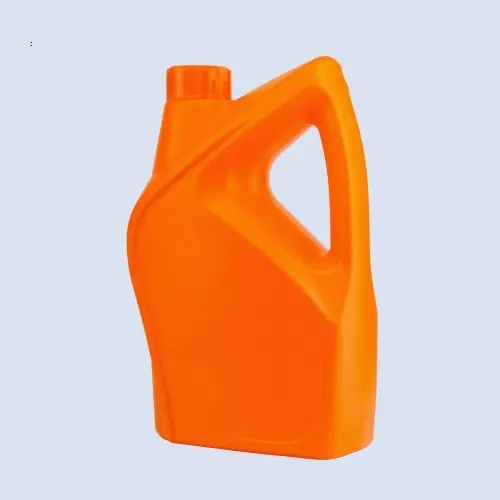 Angled view of orange 1.5 liter lubricant bottle with ergonomic handle and screw cap design.
