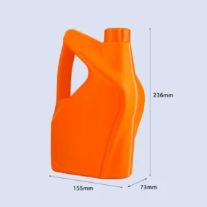 orange 1.5 liter motor oil bottle dimension specification Orange 1.5 liter motor oil bottle with integrated handle showing dimensions for lubricant packaging applications.