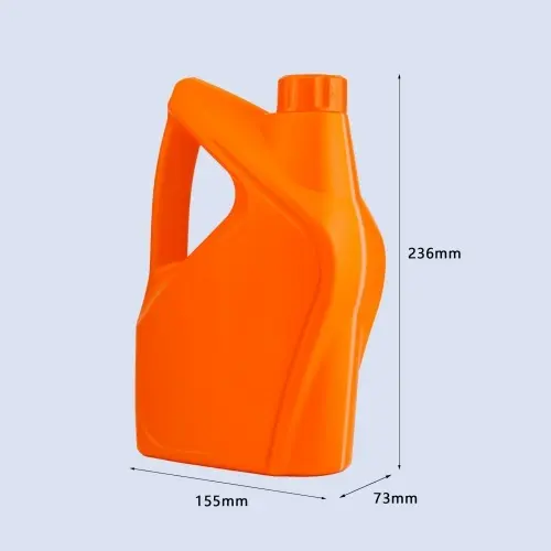 Orange 1.5 liter motor oil bottle with integrated handle showing dimensions for lubricant packaging applications.