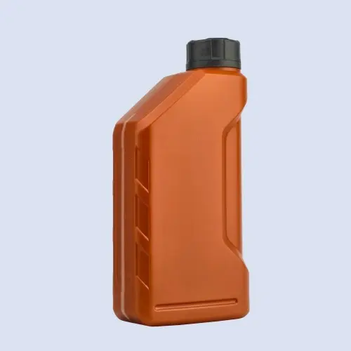 Angled perspective view of orange HDPE automotive oil bottle with ergonomic body design and black cap closure