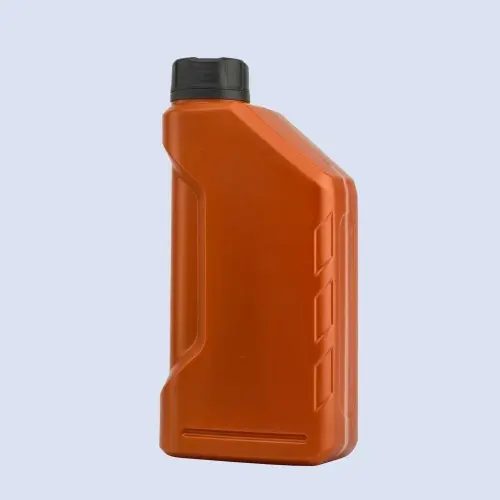 Side view of 1 liter orange HDPE engine oil bottle with black screw cap and integrated grip panel
