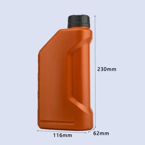 Dimension drawing of orange 1 liter engine oil bottle measuring 230mm height, 116mm width and 62mm depth