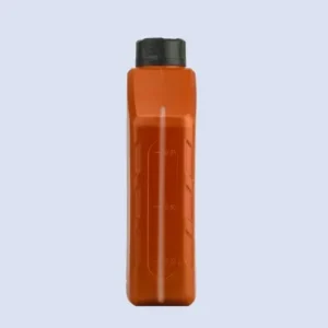 orange-motor-oil-bottle-measurement-panel Front measurement panel view of orange plastic motor oil bottle with molded volume markings and liquid level indicator