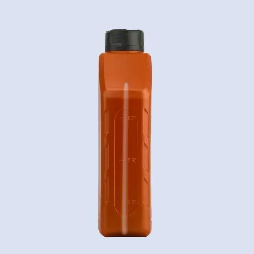 Front measurement panel view of orange plastic motor oil bottle with molded volume markings and liquid level indicator