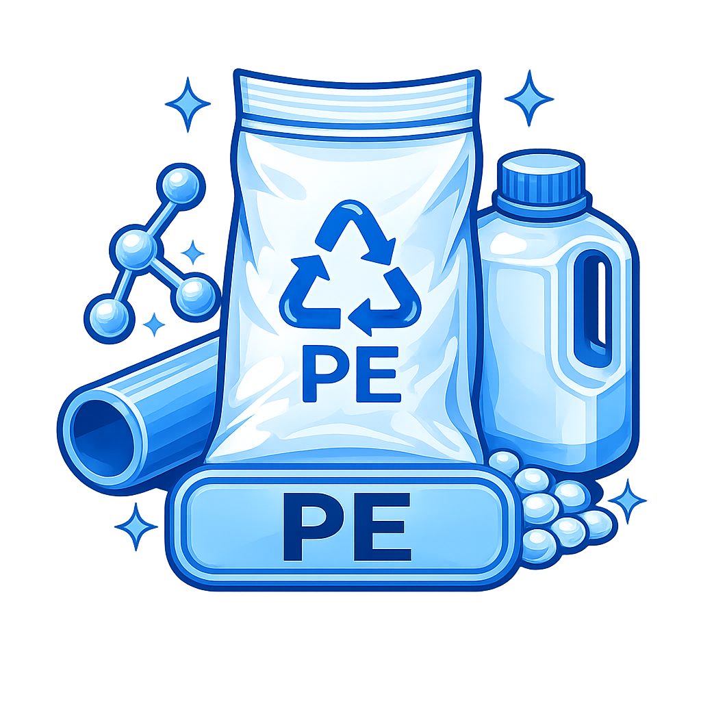 PE plastic resin material icon showing polyethylene pellets, plastic bottle, pipe, recycling symbol, and packaging applications in a blue vector design.