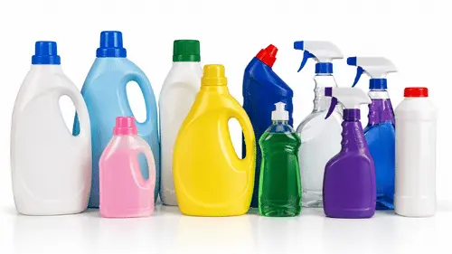 Plastic detergent bottles, spray bottles, and cleaning liquid containers for household, laundry, sanitation, and cleaning product packaging.