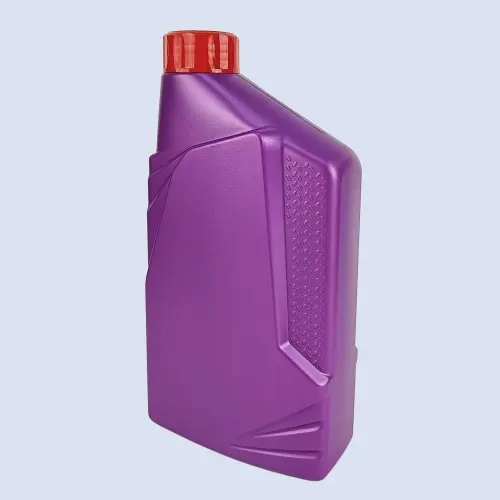 Angled view of 1 liter purple HDPE engine lube oil bottle with red screw cap