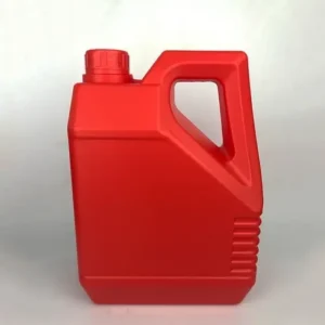 red 3.5 liter hdpe engine oil bottle with single handle Red 3.5 liter HDPE engine oil bottle with integrated handle for lubricant packaging.