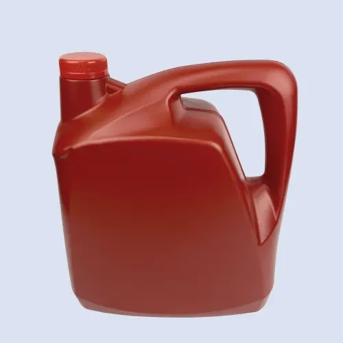 Red 6 liter HDPE engine oil plastic bottle with carry handle for automotive lubricant packaging.