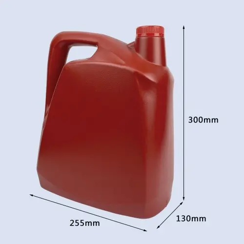 Dimension view of a red 6 liter HDPE lubricant bottle with integrated handle and screw cap.